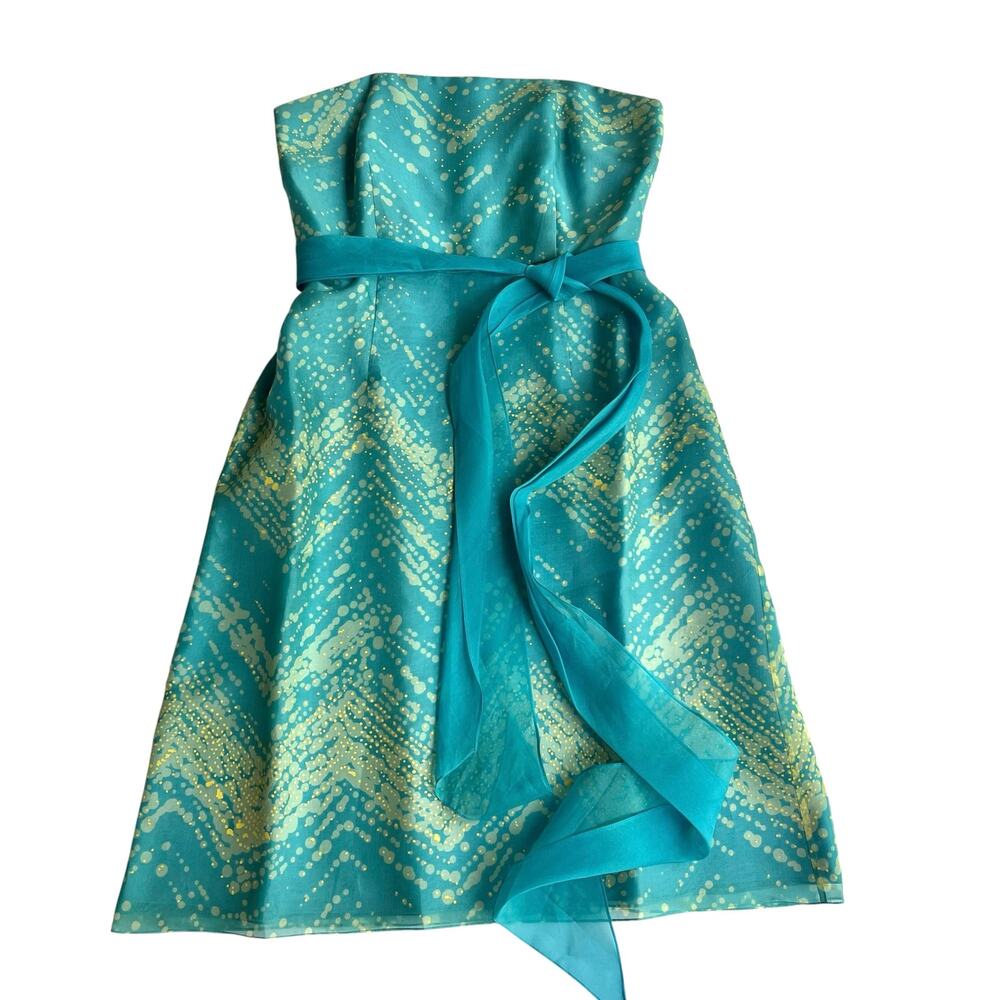 Kay Unger New York 100% Silk Strapless Dress Aqua Blue Gold Dot Party Dress 10